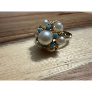 Avon Goldtone Metal Faux Pearl and Faux Turquoise Burst Ring Adjustable Size